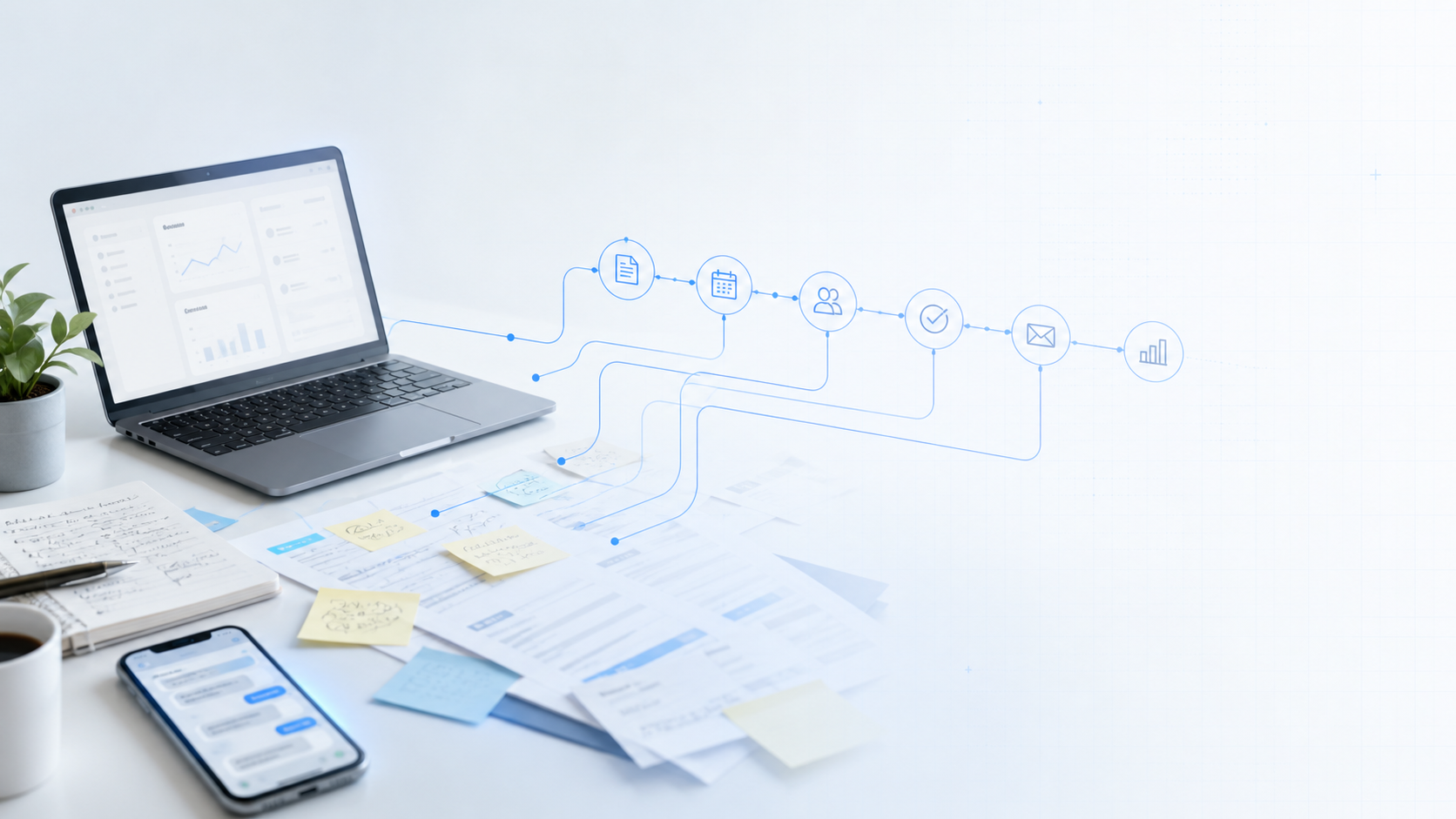 Project intake workflow visual for turning a business request into follow-up and next actions.